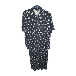 Talbots Deco Flowers Twill 2pc Set Womens XL Black White Wide Leg Pockets NEW